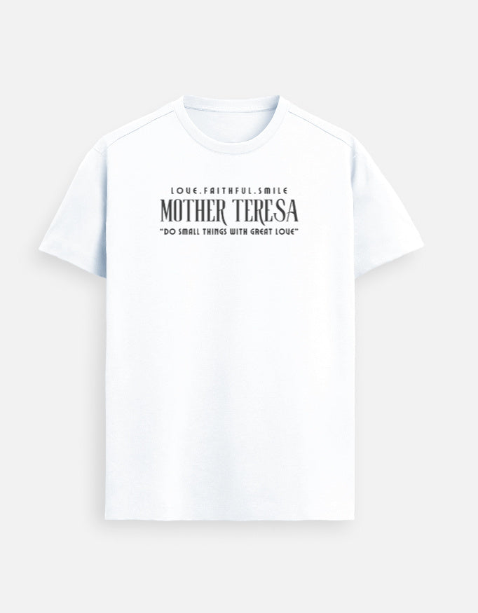 “Mother Teresa Unisex Supima T-Shirt in White – Minimal Christian T-shirt inspired by love, faith, and humility, crafted in India.”