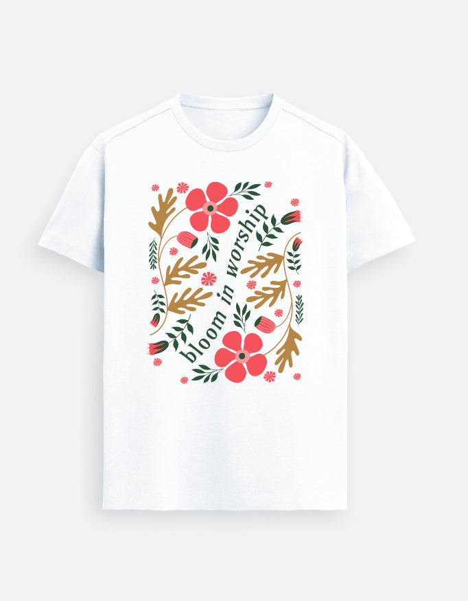 “Bloom In Worship Unisex FeatherLite T-Shirt in White – 160 GSM Premium Supima Cotton, soft, breathable Christian tee for men and women, made & packed in India by StyleYourFaith.”