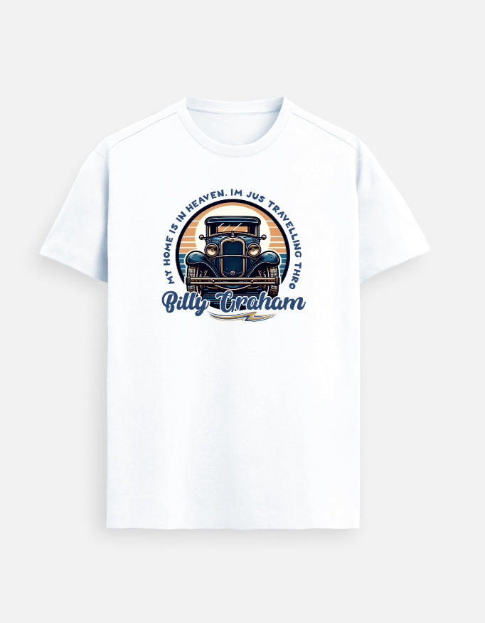 “Billy Graham ‘My Home Is in Heaven’ Unisex FeatherLite T-Shirt in White – 160 GSM Supima Cotton, soft, breathable Christian tee for men and women, made & packed in India by StyleYourFaith.”