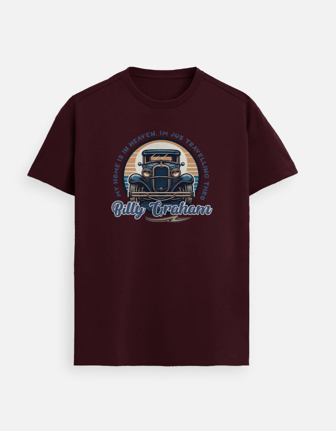 “Billy Graham ‘My Home Is in Heaven’ Unisex FeatherLite T-Shirt in Maroon – 160 GSM Supima Cotton, soft, breathable Christian tee for men and women, made & packed in India by StyleYourFaith.”