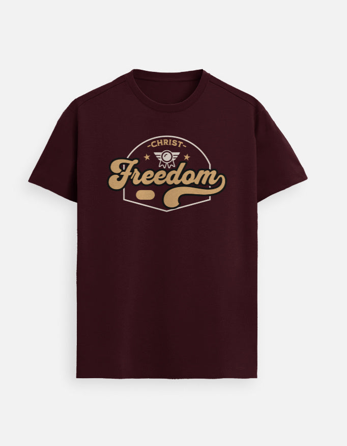 “Freedom in Christ Unisex FeatherLite T-Shirt in Maroon – 160 GSM Supima Cotton, soft, breathable, and comfortable Christian tee for men and women, made & packed in India by StyleYourFaith.”