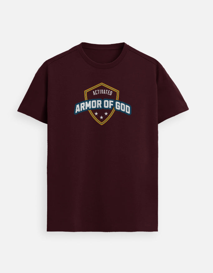 “Armor of GOD Activated Unisex FeatherLite T-Shirt in Maroon – 160 GSM Supima Cotton faith-based tee, made in India by StyleYourFaith.”