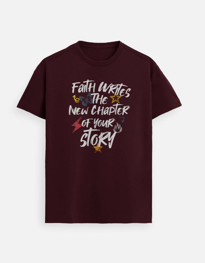 “Faith Writes The New Chapter Unisex FeatherLite T-Shirt in Maroon – 160 GSM Supima Cotton faith-based tee, made in India by StyleYourFaith.”