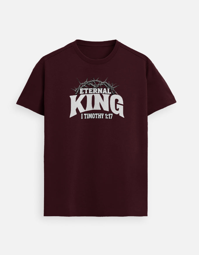 “Eternal King 1 Timo 1:17 Unisex FeatherLite T-Shirt in Maroon – 160 GSM Supima Cotton, soft, breathable Christian tee for men and women, made & packed in India by StyleYourFaith.”