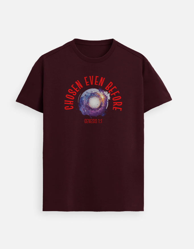 “Chosen Before Gen 1:1 Unisex FeatherLite T-Shirt in Maroon – Supima Cotton Scripture tee inspired by Ephesians 1:4, crafted in India by StyleYourFaith.