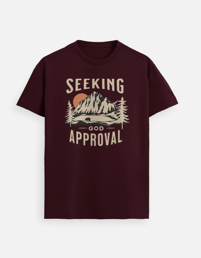 “Seeking GOD Approval Unisex FeatherLite T-Shirt in Maroon – 160 GSM Supima Cotton, soft, breathable, and comfortable Christian tee for men and women, made & packed in India by StyleYourFaith.”