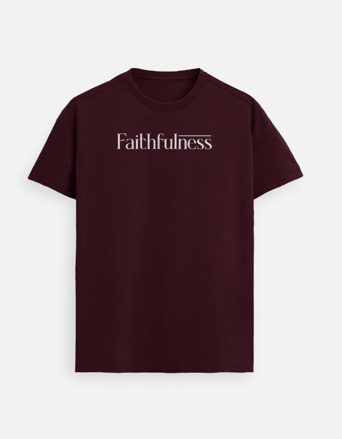 “Faithfulness Unisex FeatherLite T-Shirt in Maroon – 160 GSM Supima Cotton, soft, breathable Christian tee for men and women, made & packed in India by StyleYourFaith.”