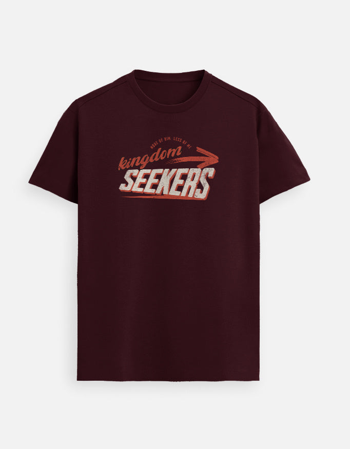 “Kingdom Seekers More of HIM Less of Me Unisex FeatherLite T-Shirt in Maroon – 160 GSM Supima Cotton, soft, breathable Christian tee for men and women, made & packed in India by StyleYourFaith.”
