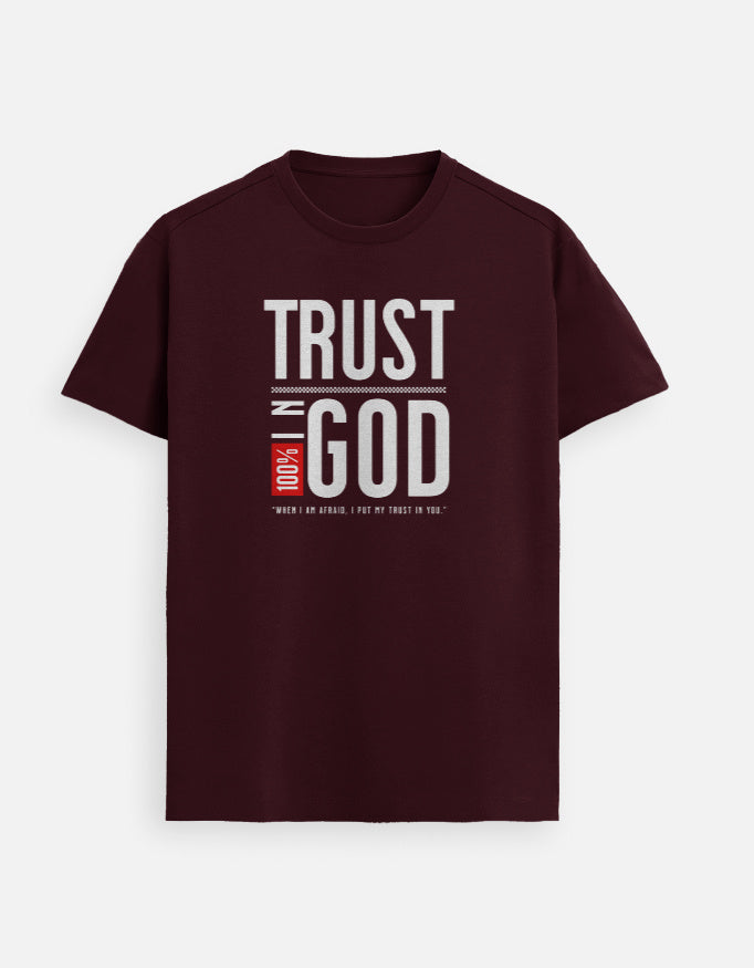 “Trust In GOD Unisex FeatherLite T-Shirt in Maroon – 160 GSM Supima Cotton, soft, breathable, and comfortable Christian tee for men and women, made & packed in India by StyleYourFaith.”
