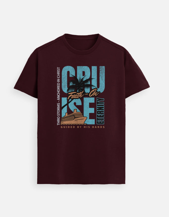 “Faith On Cruise, Eternity Unisex FeatherLite T-Shirt in Maroon – 160 GSM Supima Cotton, soft, breathable, and comfortable Christian tee for men and women, made & packed in India by StyleYourFaith.”