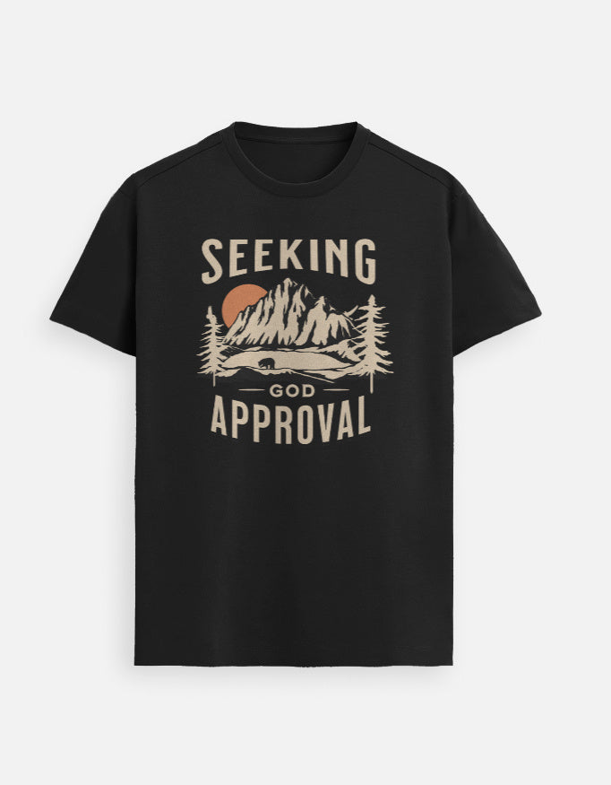 “Seeking GOD Approval Unisex FeatherLite T-Shirt in Black – 160 GSM Supima Cotton, soft, breathable, and comfortable Christian tee for men and women, made & packed in India by StyleYourFaith.”
