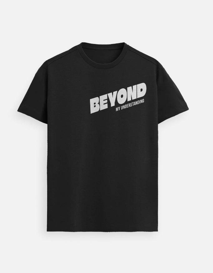 “Beyond My Understanding Unisex FeatherLite T-Shirt in Black – 160 GSM Supima Cotton, soft, breathable Christian tee for men and women, made & packed in India by StyleYourFaith.”
