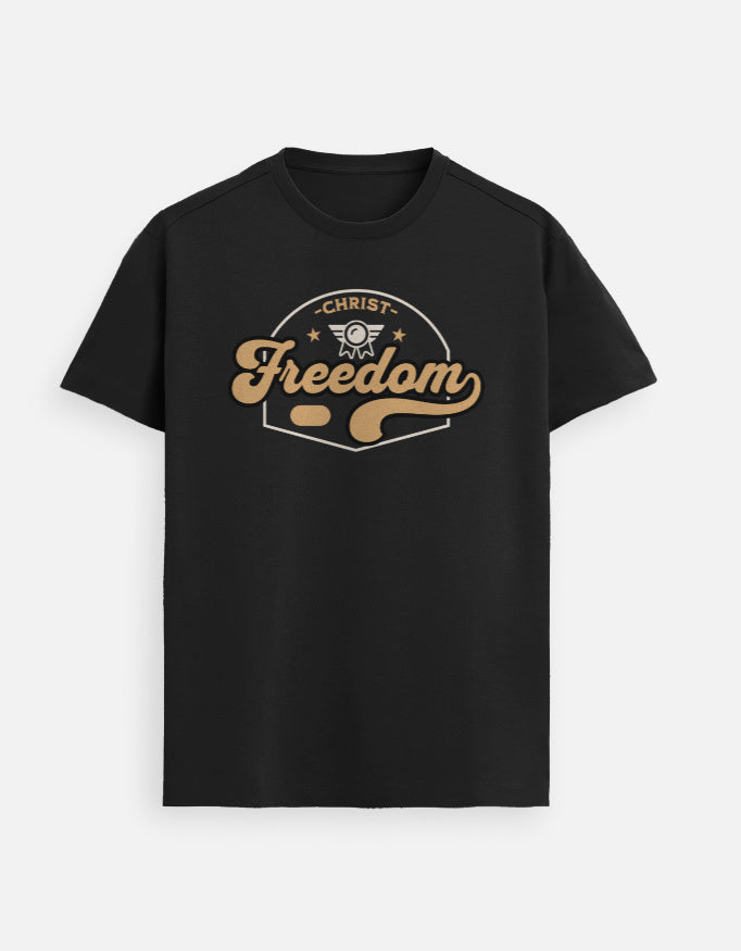 “Freedom in Christ Unisex FeatherLite T-Shirt in Black – 160 GSM Supima Cotton, soft, breathable, and comfortable Christian tee for men and women, made & packed in India by StyleYourFaith.”