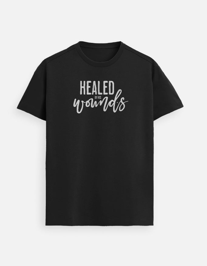 “Healed By HIS Wounds Unisex FeatherLite T-Shirt in Black – Premium Supima Cotton Christian tee with Isaiah 53:5 scripture, soft and breathable, made in India by StyleYourFaith.”