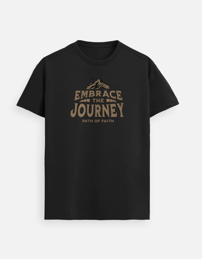 “Embrace The Journey Unisex Supima T-Shirt in Black – 160 GSM Supima Cotton, soft, breathable Christian tee for men and women, made & packed in India by StyleYourFaith.”
