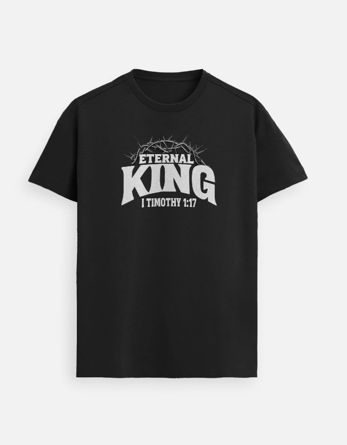 “Eternal King 1 Timo 1:17 Unisex FeatherLite T-Shirt in Black – 160 GSM Supima Cotton, soft, breathable Christian tee for men and women, made & packed in India by StyleYourFaith.”