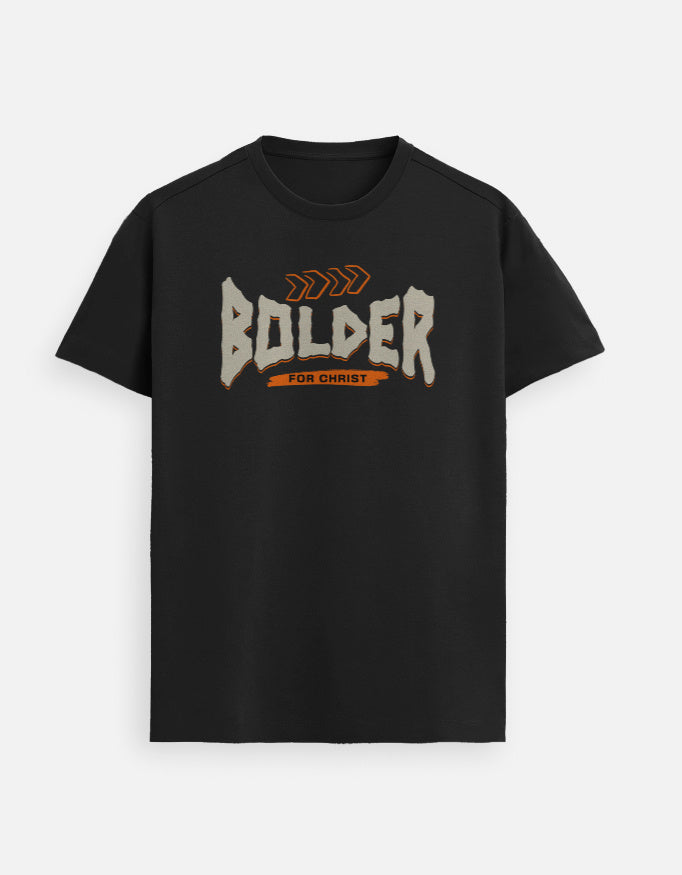 “Bolder For Christ Unisex FeatherLite T-Shirt in Black – 160 GSM Supima Cotton, soft, breathable, and comfortable Christian tee for men and women, made & packed in India by StyleYourFaith.”