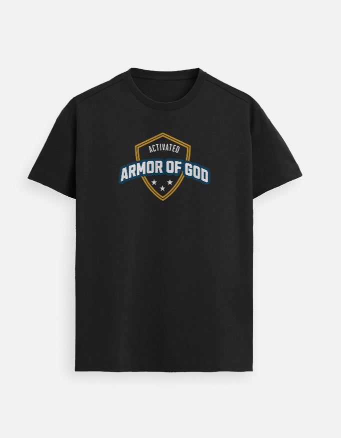 “Armor of GOD Activated Unisex FeatherLite T-Shirt in Black – Premium Supima Cotton Christian tee inspired by Ephesians 6:11, made in India by StyleYourFaith.”