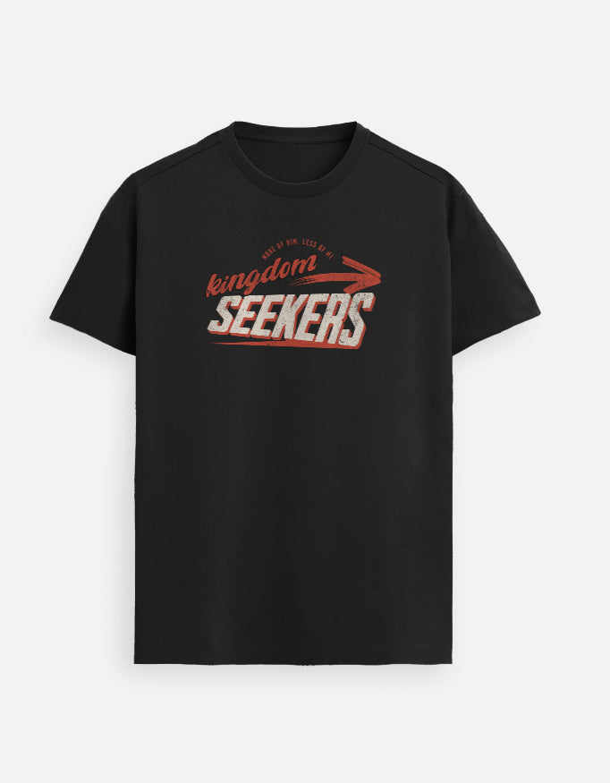 “Kingdom Seekers More of HIM Less of Me Unisex FeatherLite T-Shirt in Black – 160 GSM Supima Cotton, soft, breathable Christian tee for men and women, made & packed in India by StyleYourFaith.”