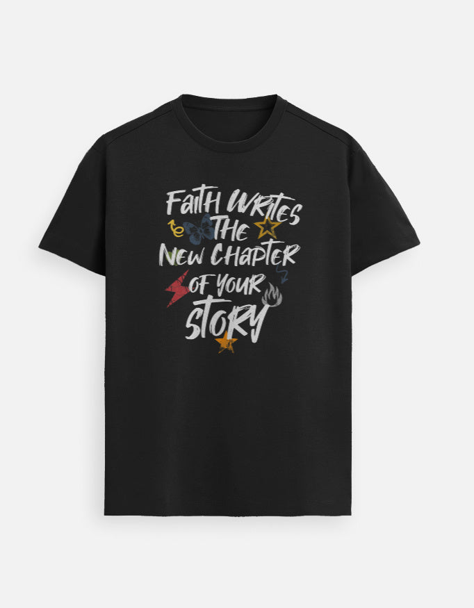 “Faith Writes The New Chapter Unisex FeatherLite T-Shirt in Black – Premium Supima Cotton Christian tee inspired by Isaiah 43:18-19, made in India by StyleYourFaith.”