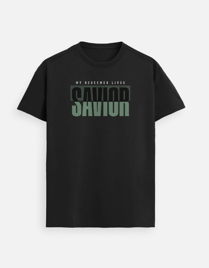 “Savior My Redeemer Lives Unisex FeatherLite T-Shirt in Black – Premium Supima Cotton Christian tee inspired by Job 19:25, soft, breathable, made & packed in India by StyleYourFaith.”