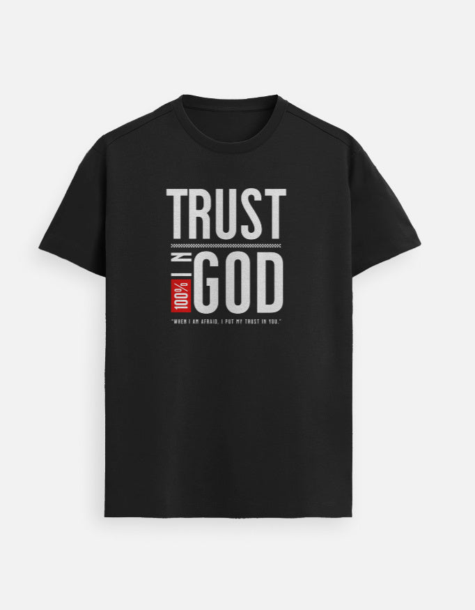 “Trust In GOD Unisex FeatherLite T-Shirt in Black– 160 GSM Supima Cotton, soft, breathable, and comfortable Christian tee for men and women, made & packed in India by StyleYourFaith.”
