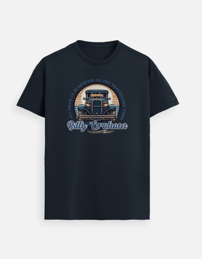 “Billy Graham ‘My Home Is in Heaven’ Unisex FeatherLite T-Shirt in Navy Blue – 160 GSM Supima Cotton, soft, breathable Christian tee for men and women, made & packed in India by StyleYourFaith.”