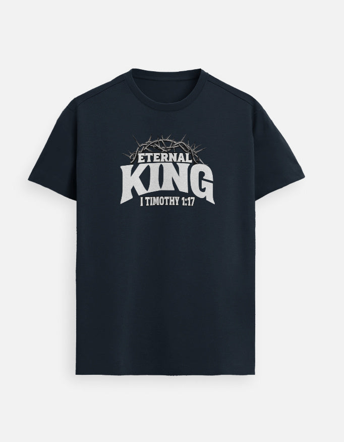 “Eternal King 1 Timo 1:17 Unisex FeatherLite T-Shirt in Navy Blue – 160 GSM Supima Cotton, soft, breathable Christian tee for men and women, made & packed in India by StyleYourFaith.”