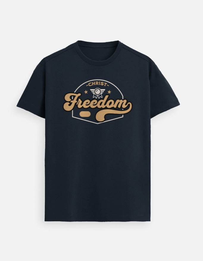 “Freedom in Christ Unisex FeatherLite T-Shirt in NavyBlue – 160 GSM Supima Cotton, soft, breathable, and comfortable Christian tee for men and women, made & packed in India by StyleYourFaith.”