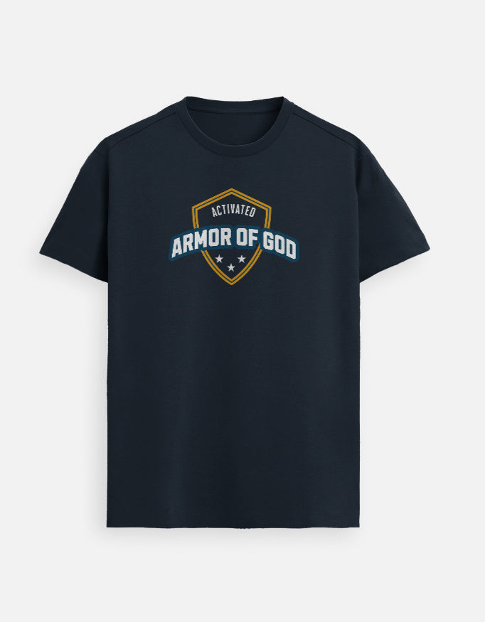 “Armor of GOD Activated Unisex FeatherLite T-Shirt in Navy Blue – Soft Supima Christian tee symbolizing spiritual strength, crafted in India by StyleYourFaith.”