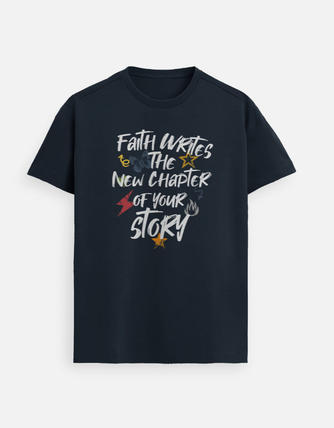 “Faith Writes The New Chapter Unisex FeatherLite T-Shirt in Navy Blue – Soft Supima Christian tee celebrating new beginnings, crafted in India by StyleYourFaith.”