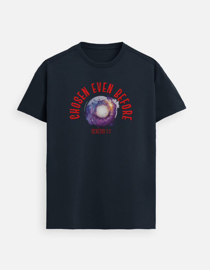 “Chosen Before Gen 1:1 Unisex FeatherLite T-Shirt in Navy Blue – Premium Supima Cotton, faith-inspired Christian apparel made in India by StyleYourFaith.