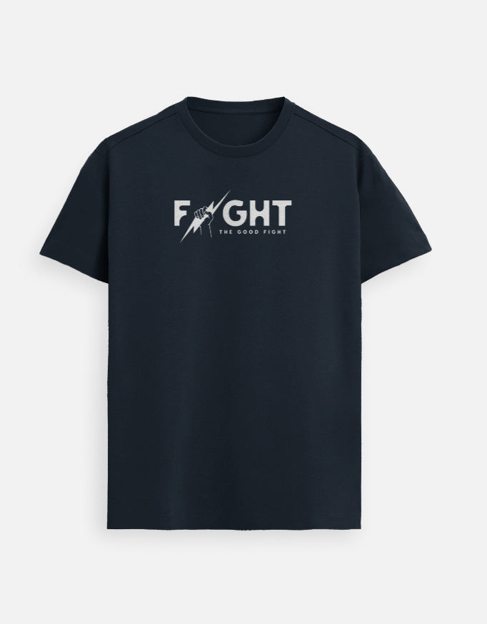 “Fight the Good Fight Unisex FeatherLite T-Shirt in Navy Blue – 160 GSM Premium Supima Cotton, soft, breathable Christian tee for men and women, made & packed in India by StyleYourFaith.”