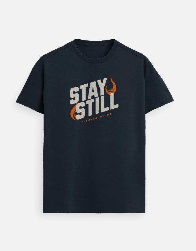 “Stay Still To Know HE is GOD Unisex FeatherLite T-Shirt in Navy Blue – 160 GSM Supima Cotton, soft, breathable Christian tee for men and women, made & packed in India by StyleYourFaith.”