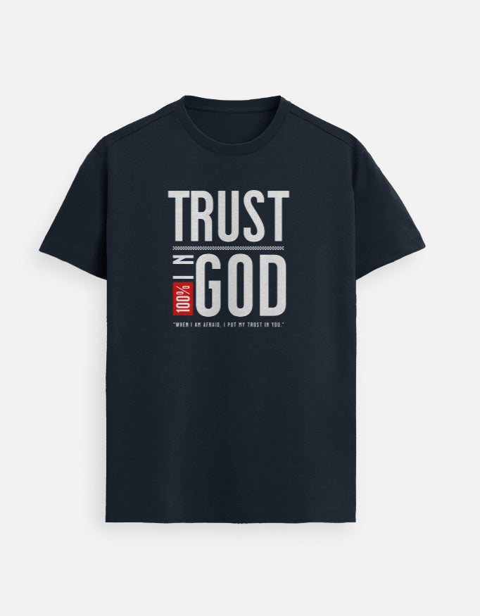 “Trust In GOD Unisex FeatherLite T-Shirt in 160 GSM Supima Cotton – soft, breathable, and comfortable Christian tee for men and women in Navy Blue made & packed in India by StyleYourFaith.”