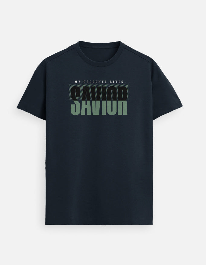 “Savior My Redeemer Lives Unisex FeatherLite T-Shirt in Navy Blue – 160 GSM Supima Cotton scripture tee, soft and breathable, crafted in India by StyleYourFaith.”
