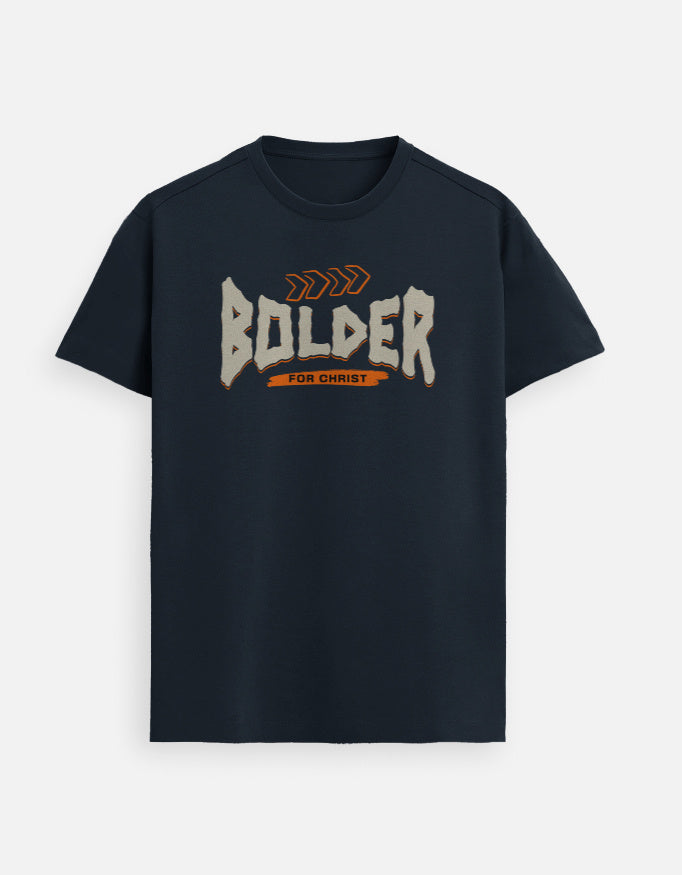 “Bolder For Christ Unisex FeatherLite T-Shirt in Navy Blue – 160 GSM Supima Cotton, soft, breathable, and comfortable Christian tee for men and women, made & packed in India by StyleYourFaith.”