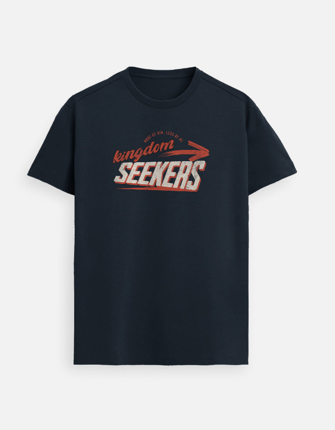 “Kingdom Seekers More of HIM Less of Me Unisex FeatherLite T-Shirt in Navy Blue – 160 GSM Supima Cotton, soft, breathable Christian tee for men and women, made & packed in India by StyleYourFaith.”