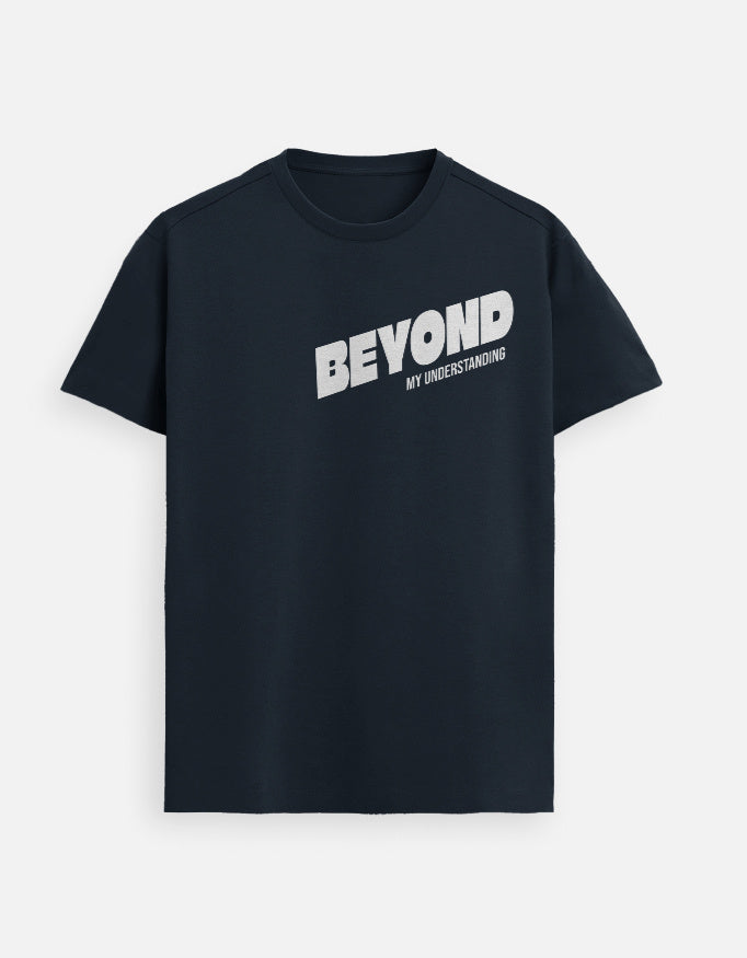 “Beyond My Understanding Unisex FeatherLite T-Shirt in Navy Blue – 160 GSM Supima Cotton, soft, breathable Christian tee for men and women, made & packed in India by StyleYourFaith.”