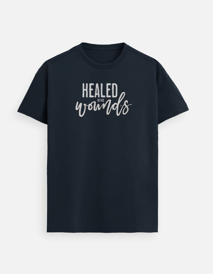 “Healed By HIS Wounds Unisex FeatherLite T-Shirt in Navy Blue – Supima Cotton Christian T-Shirt inspired by Isaiah 53:5, crafted and packed in India by StyleYourFaith.”