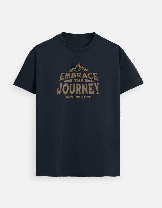 “Embrace The Journey Unisex Supima T-Shirt in Navy Blue – 160 GSM Supima Cotton, soft, breathable Christian tee for men and women, made & packed in India by StyleYourFaith.”
