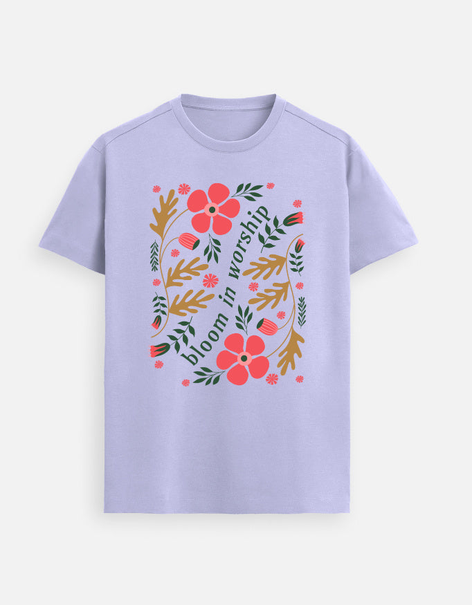 “Bloom In Worship Unisex FeatherLite T-Shirt in Lavender – 160 GSM Premium Supima Cotton, soft, breathable Christian tee for men and women, made & packed in India by StyleYourFaith.”