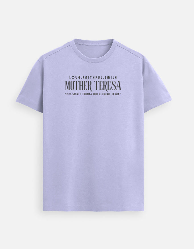 “Mother Teresa Unisex Supima T-Shirt in Lavender – Soft and breathable Supima Christian tee inspired by love, faithfulness, and kindness, made in India.”