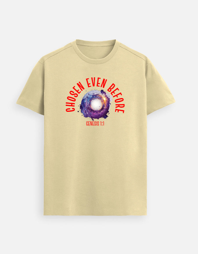 “Chosen Before Gen 1:1 Unisex FeatherLite T-Shirt in Beige – 160 GSM Supima Cotton Christian tee inspired by being chosen before creation, crafted in India by StyleYourFaith.”
