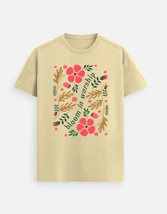 “Bloom In Worship Unisex FeatherLite T-Shirt in Beige – 160 GSM Premium Supima Cotton, soft, breathable Christian tee for men and women, made & packed in India by StyleYourFaith.”